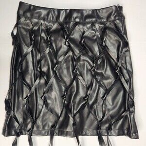 Black Fringe Mini Skirt Size XS Faux Leather PVC Braided Knots Rave Party